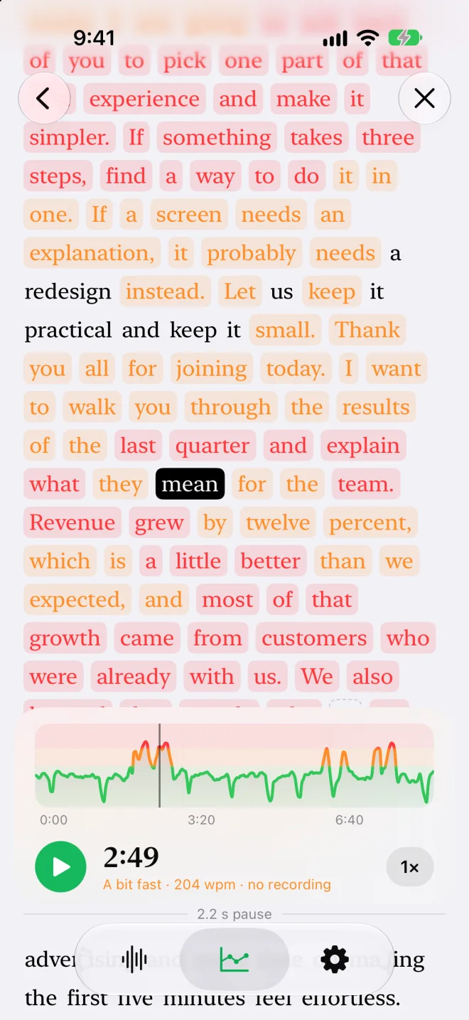 Transcript with each word highlighted green, orange or red by speaking pace